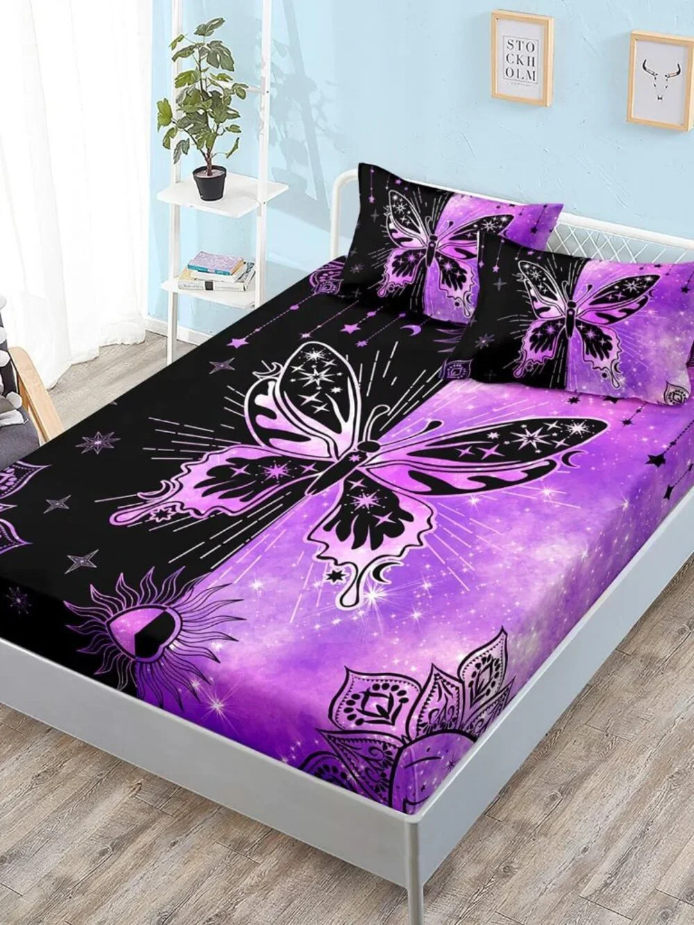 Butterfly Twin Fitted Sheet Set, Microfiber 3 Piece Twin Bedding Sets Starry Sun